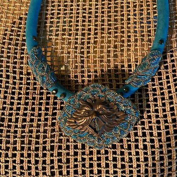 Necklace vintage - One of a kind teal suede and Bronze & teal beading - Picture 1 of 3